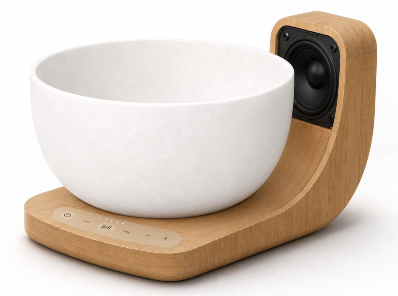 Prometheus system with a white quartz bowl on a curved bamboo base, an upright acoustic driver and integrated controls